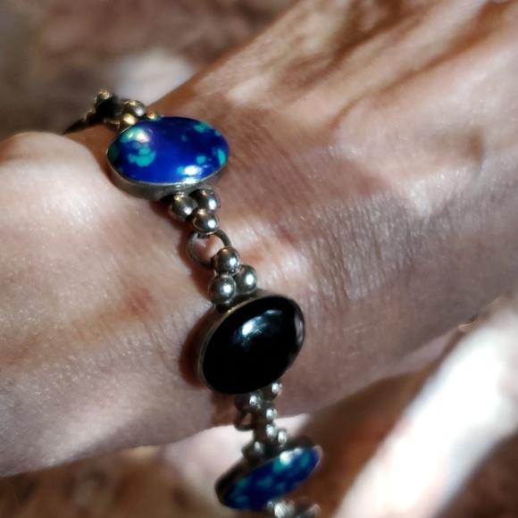 Mexico Taxco Sterling Silver Ebony Malachite Bracelet - Picture 6 of 8